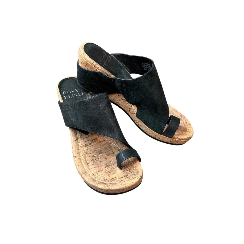 Donald Pliner Black Leather Cork Wedge Sandals Toe Loop HPGYER26060 Womens 6M